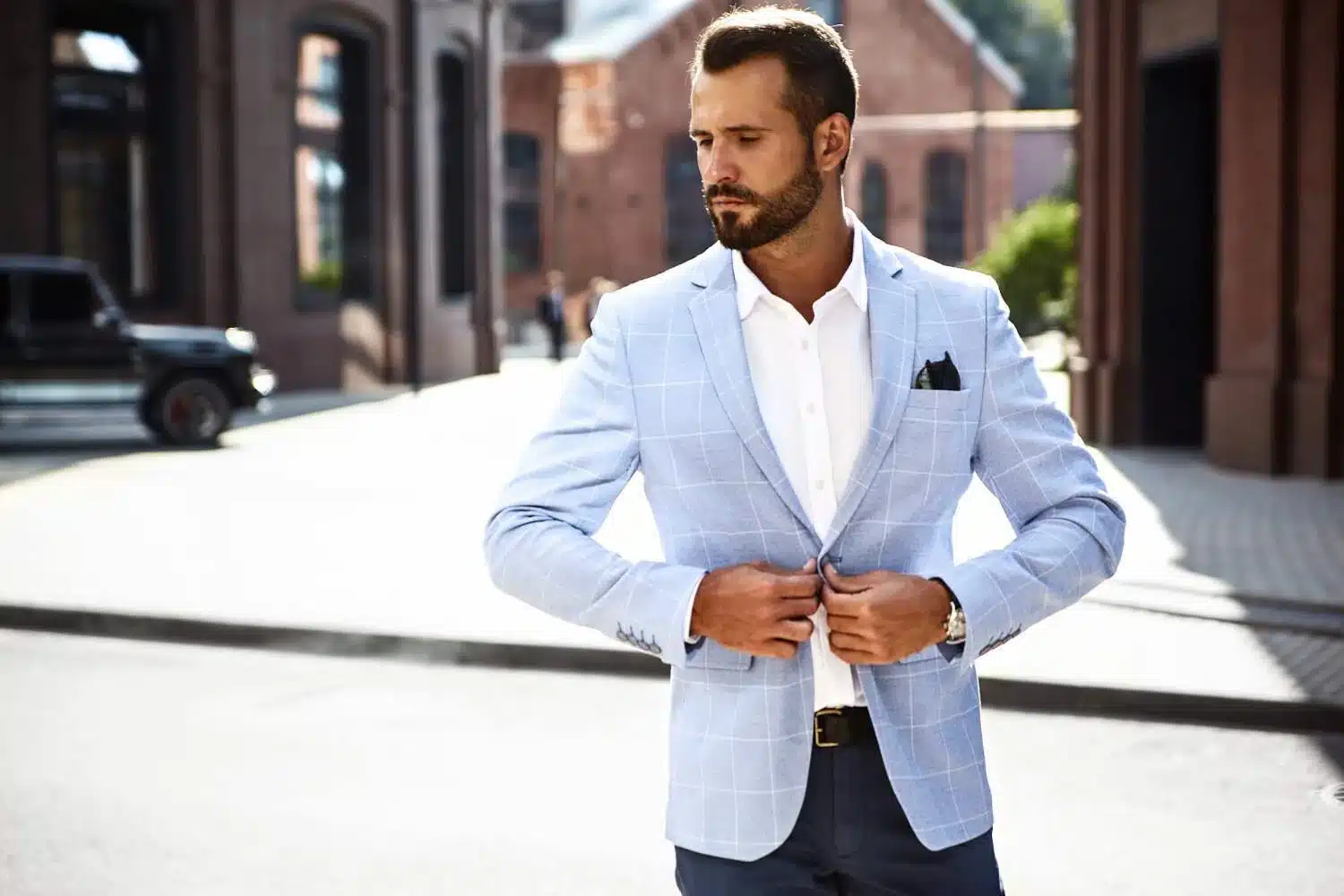 Men wearing light blue tuxedo