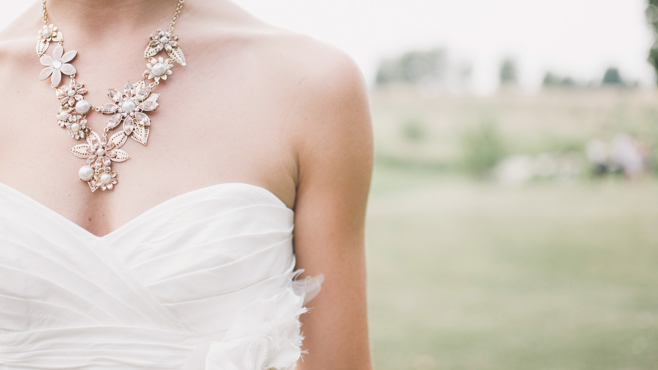 A bride wearing a sweetheart neckline gown, elegantly paired with a dazzling earring necklace set. The delicate combination of jewelry enhances her strapless wedding dress, perfectly showcasing the beauty of her earring necklace set for the wedding.