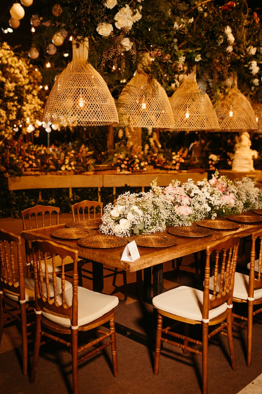 restaurant table decorated with flowers