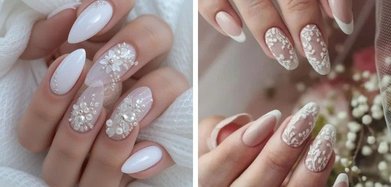 3D Lace & Embellished Wedding Nails
