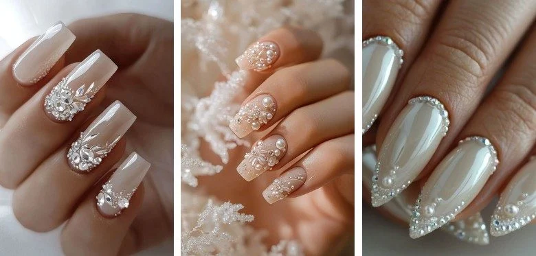 Pearl and 3D Embellished Wedding Nails