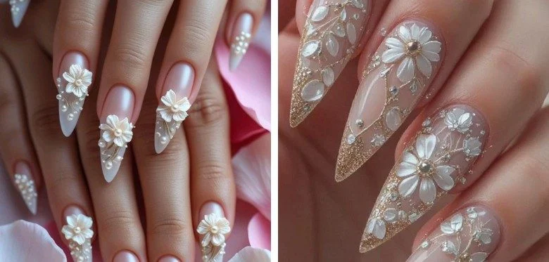 3D Floral and Pearl Nail Art