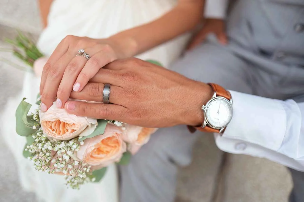 couples hand wearing wedding band