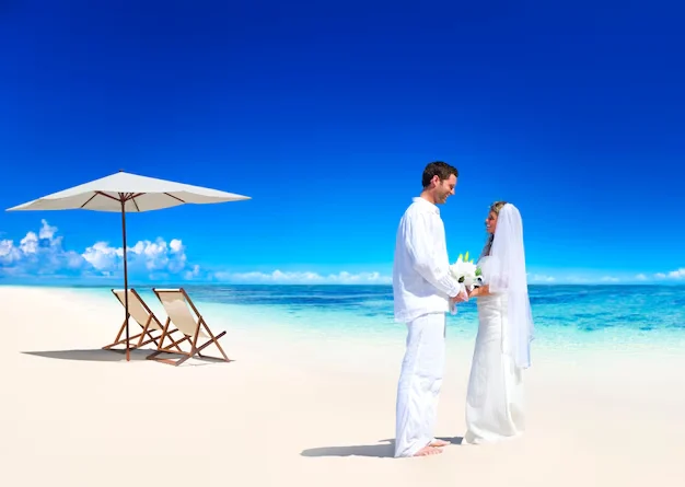 Wedding couple near beach