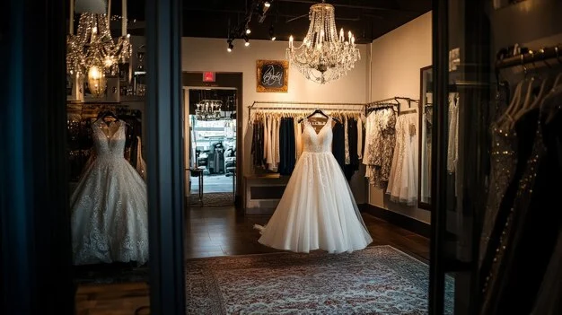 Wedding white dress in showroom