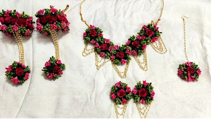 Beautiful floral jewelry set featuring delicate flowers in soft pastel shades, perfect for enhancing wedding reception decorations on a budget.