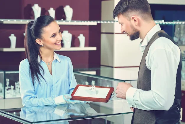 choosing a ring in a jewelry shop